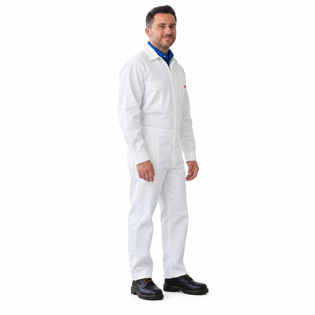 Overol de gabardina Beaver blanco para hombre, perfil derecho con modelo | Color: Blanco #color_blanco