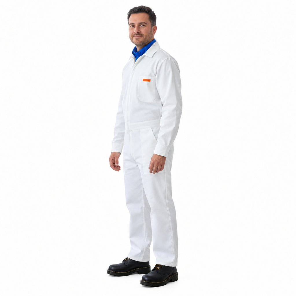 Overol de gabardina Beaver blanco para hombre, perfil izquierdo con modelo | Color: Blanco #color_blanco