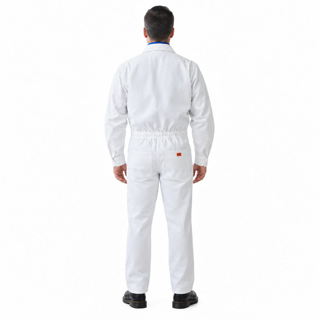 Overol de gabardina Beaver blanco para hombre, espalda con cintura elástica y etiqueta naranja | Color: Blanco #color_blanco
