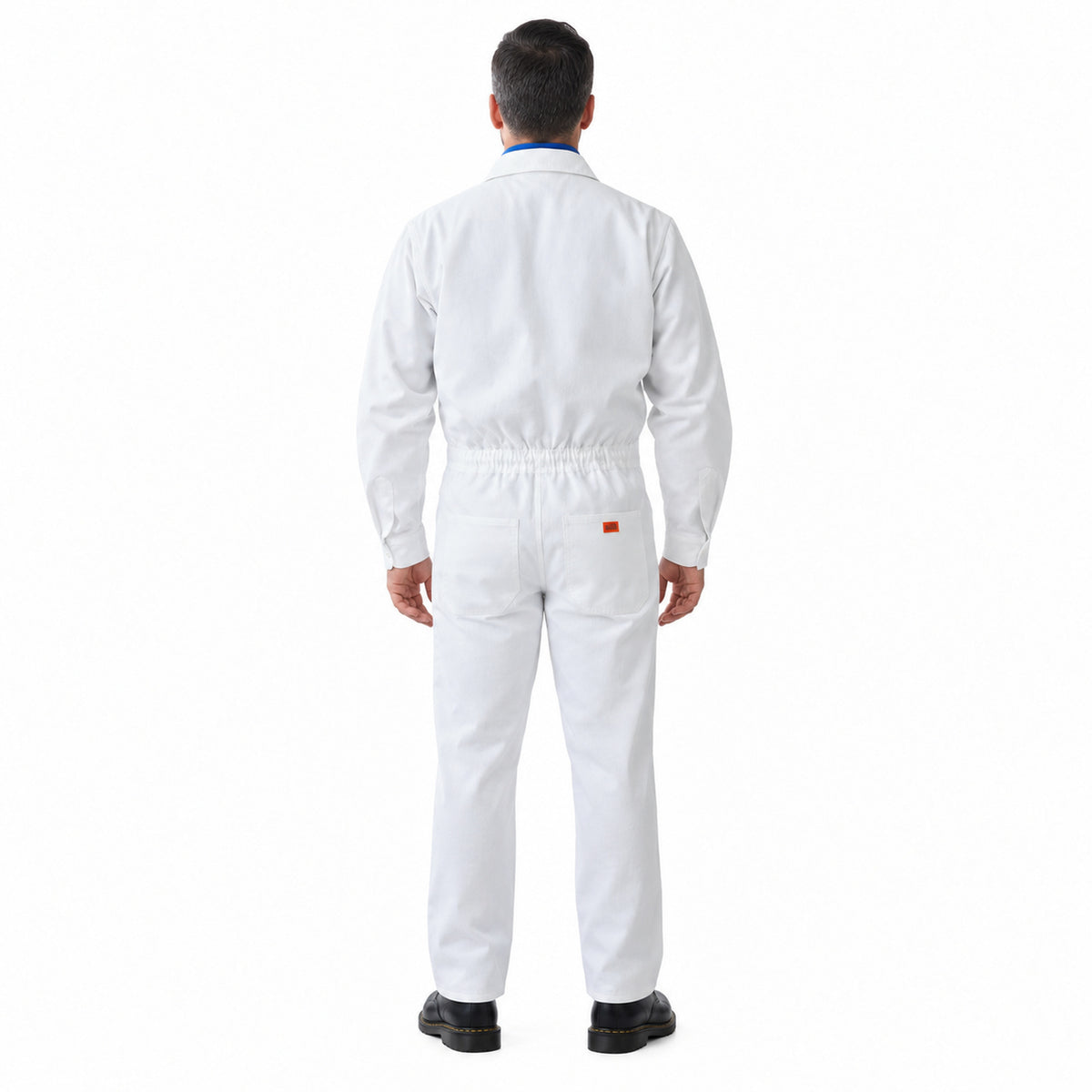 Overol de gabardina Beaver blanco para hombre, espalda con cintura elástica y etiqueta naranja | Color: Blanco #color_blanco