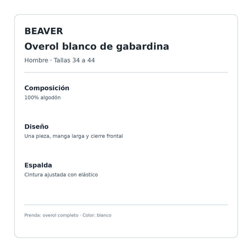 Overol de gabardina Beaver blanco para hombre, ficha técnica de diseño y composición | Color: Blanco #color_blanco