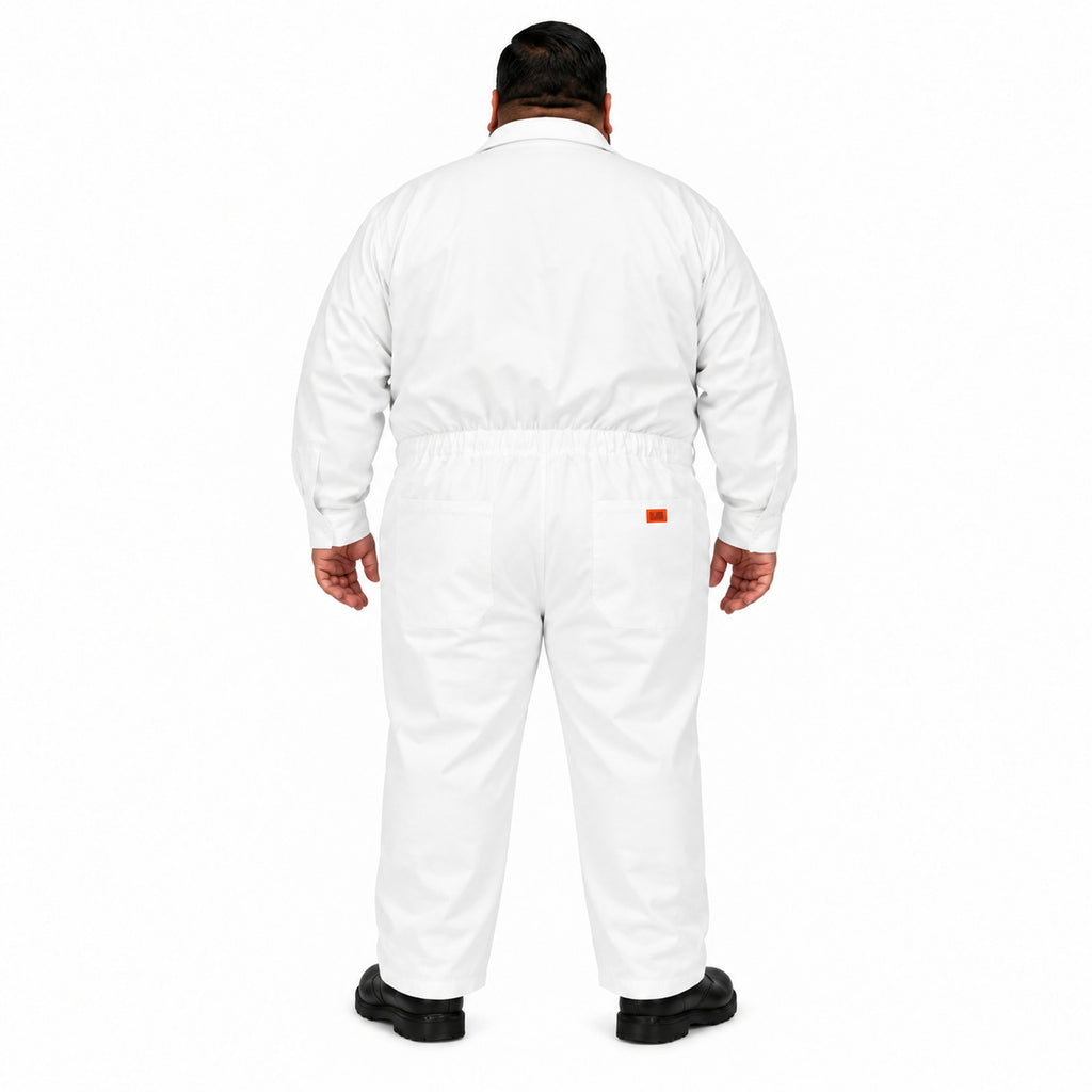 Overol de gabardina Beaver blanco para hombre, espalda con cintura elástica y etiqueta naranja | Color: Blanco #color_blanco