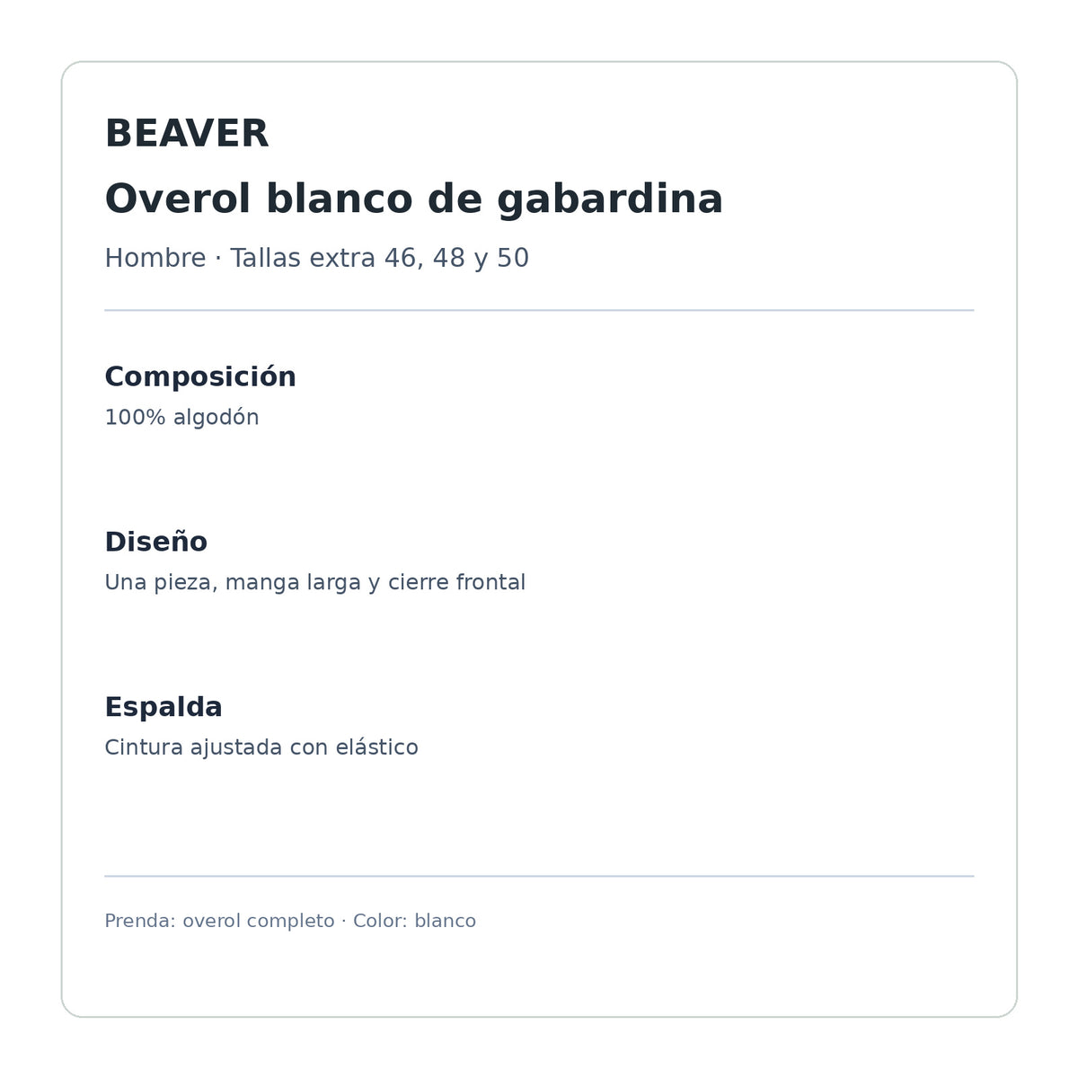 Overol de gabardina Beaver blanco para hombre, ficha técnica de diseño y composición | Color: Blanco #color_blanco