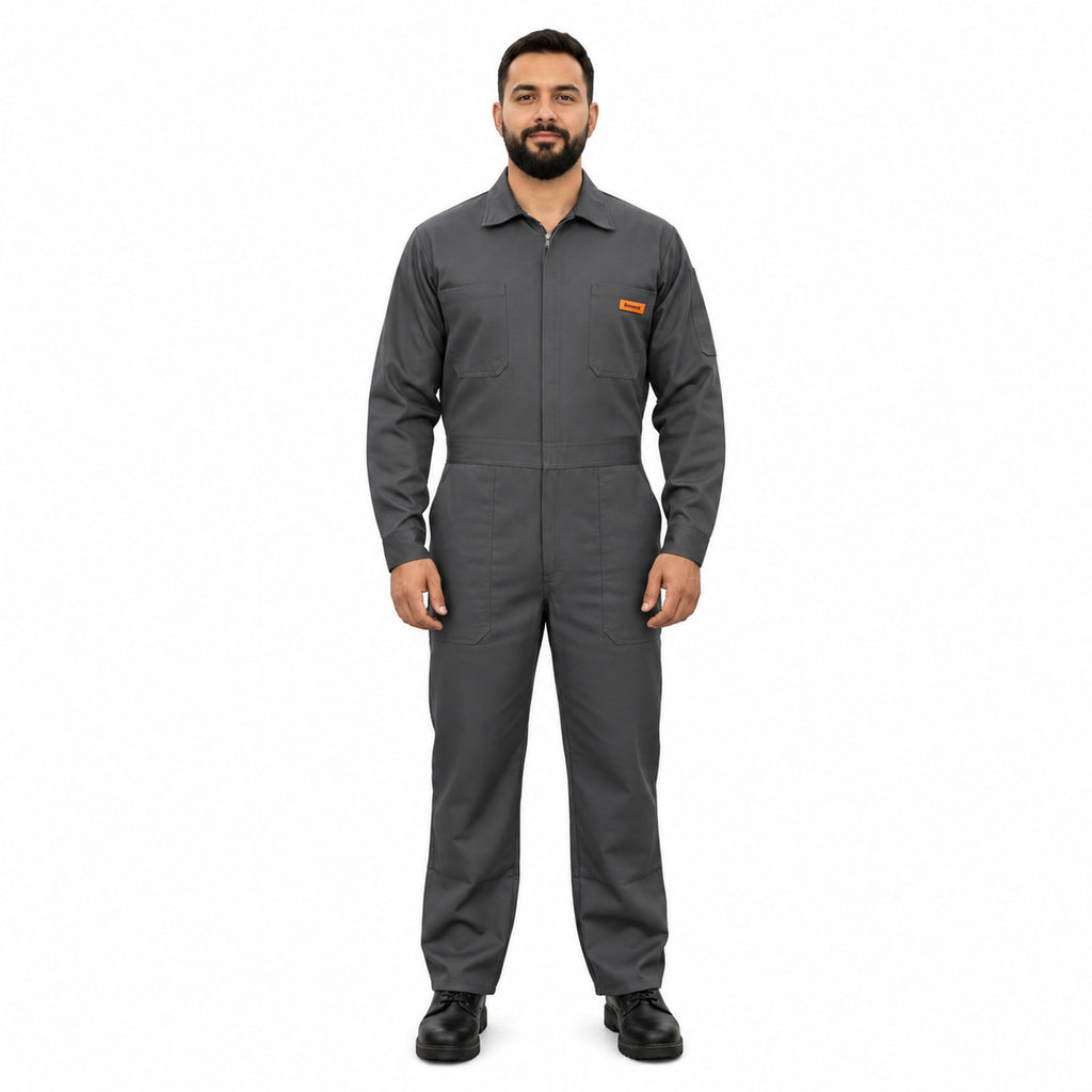 Overol industrial Beaver de gabardina 100% algodón, gris Oxford, hombre, frente con modelo