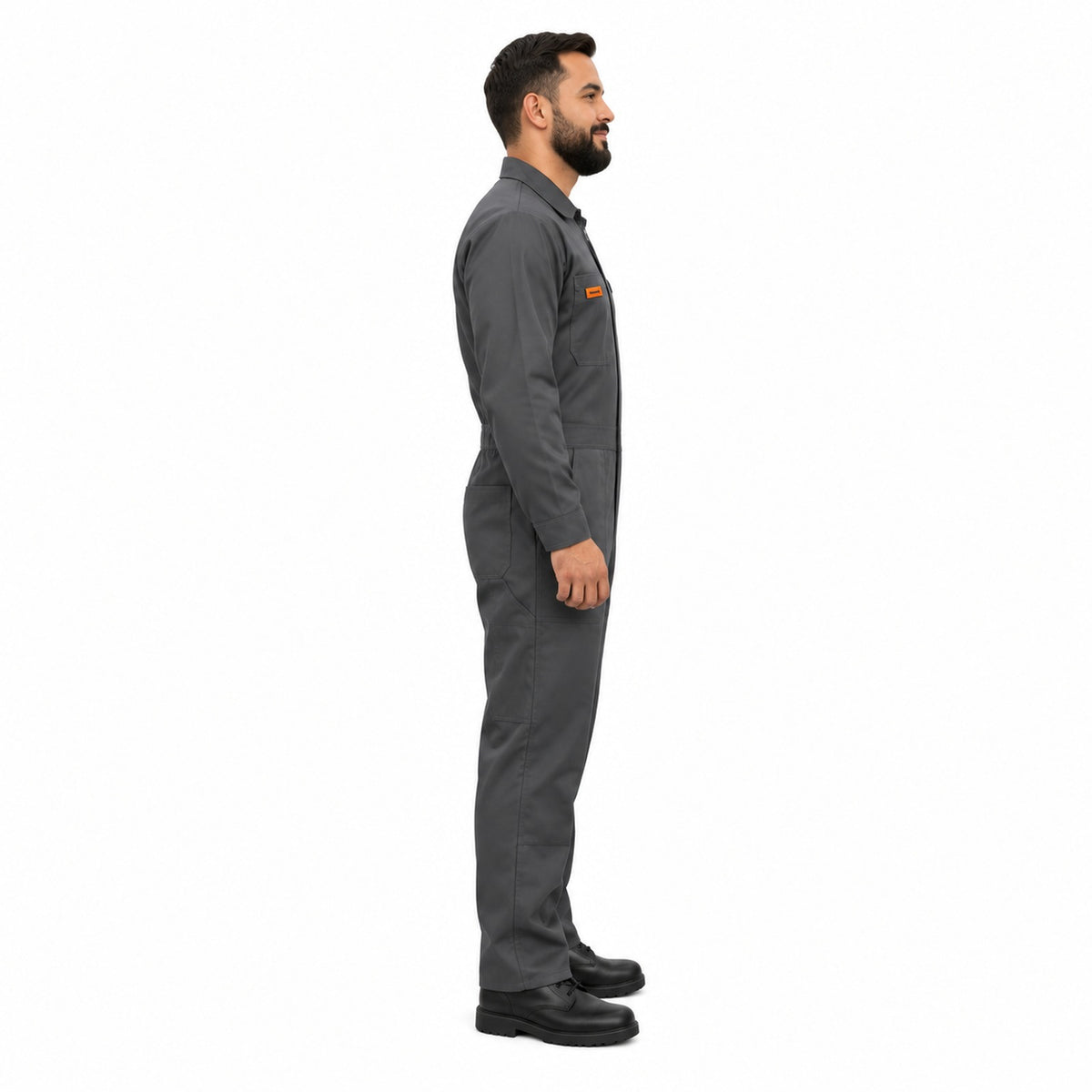 Overol industrial Beaver de gabardina 100% algodón, gris Oxford, hombre, perfil derecho con modelo | color:gris-oxford