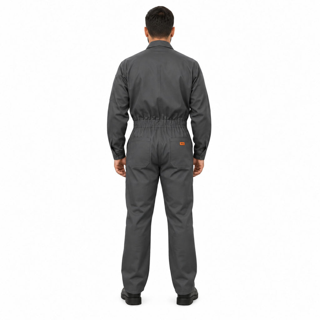 Overol industrial Beaver de gabardina 100% algodón, gris Oxford, hombre, espalda con modelo