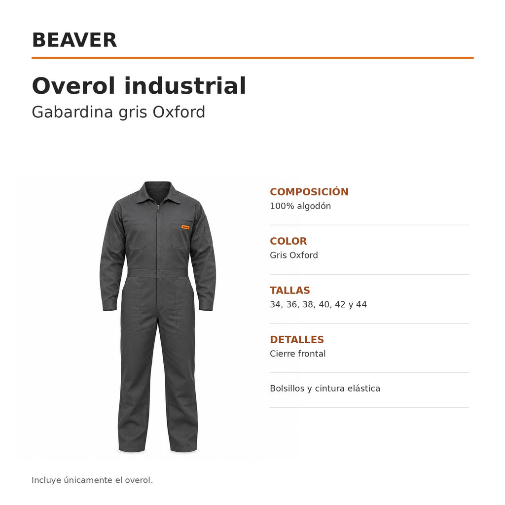 Overol industrial Beaver de gabardina 100% algodón, gris Oxford, hombre, ficha técnica