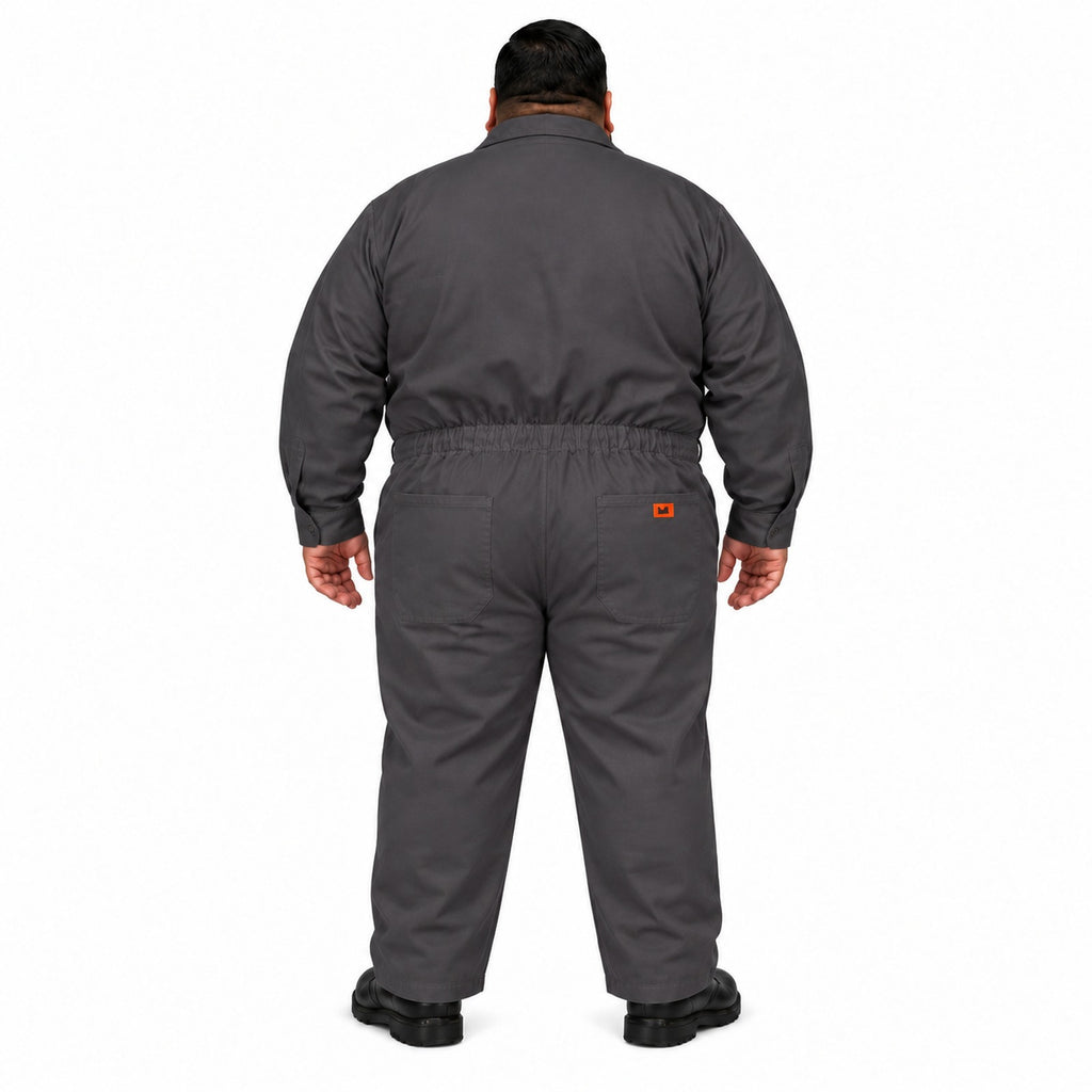 Overol industrial Beaver de gabardina 100% algodón gris Oxford para hombre en tallas extra, espalda con modelo