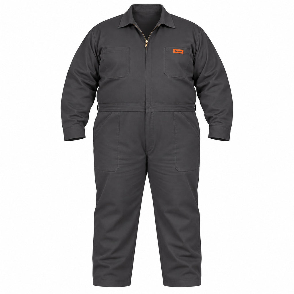 Overol industrial Beaver de gabardina 100% algodón gris Oxford para hombre en tallas extra, frente de la prenda