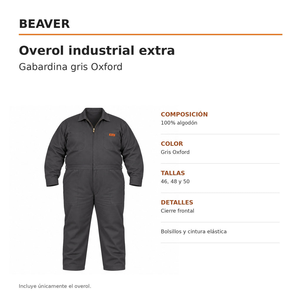 Overol industrial Beaver de gabardina 100% algodón gris Oxford para hombre en tallas extra, ficha técnica
