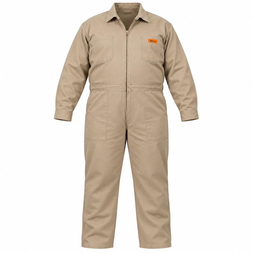 Overol industrial Beaver de gabardina 100% algodón khaki tipo Pemex para hombre en tallas extra, frente de la prenda