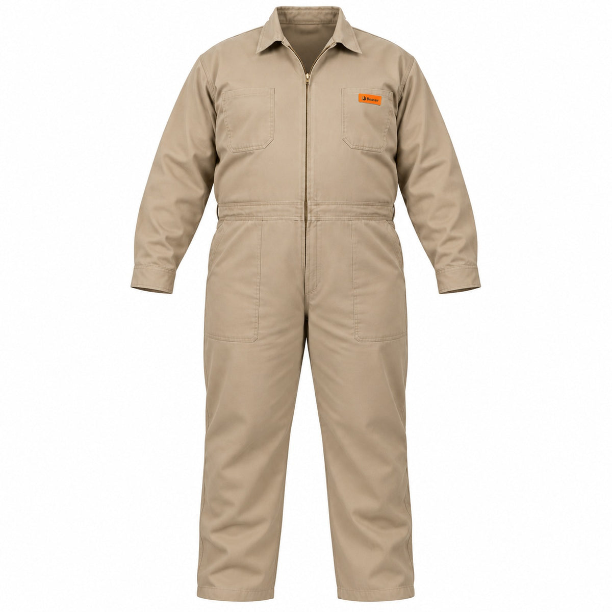 Overol industrial Beaver de gabardina 100% algodón khaki tipo Pemex para hombre en tallas extra, frente de la prenda | color:khaki