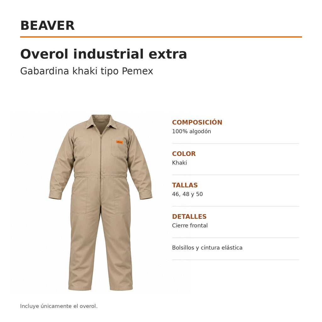 Overol industrial Beaver de gabardina 100% algodón khaki tipo Pemex para hombre en tallas extra, ficha técnica