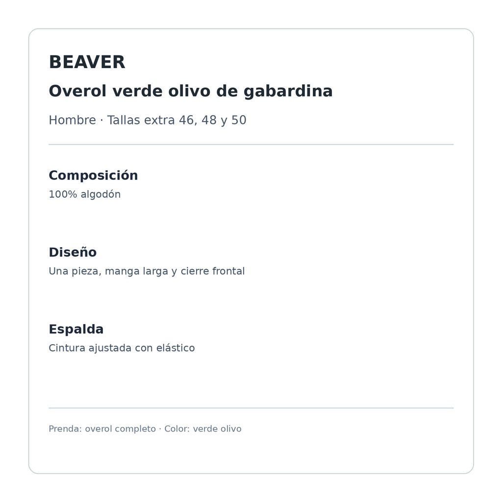 Overol Beaver de gabardina para hombre verde olivo talla extra, ficha técnica