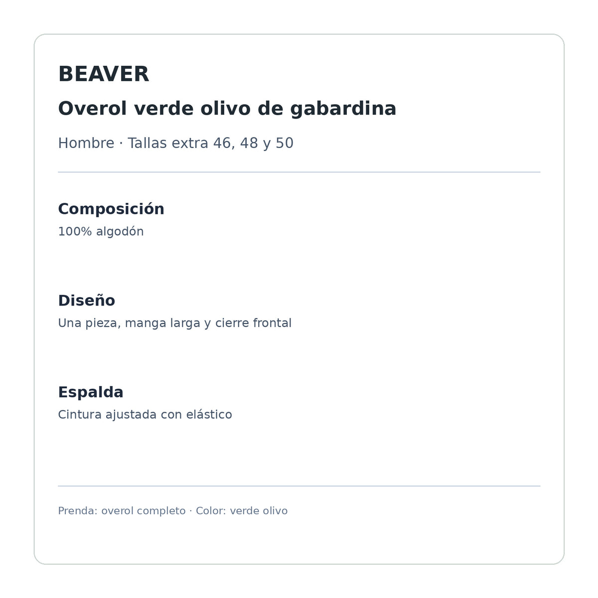 Overol Beaver de gabardina para hombre verde olivo talla extra, ficha técnica | color:verde-olivo