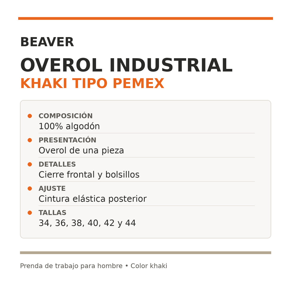 Overol industrial Beaver para hombre khaki, ficha técnica de composición y detalles | color:khaki