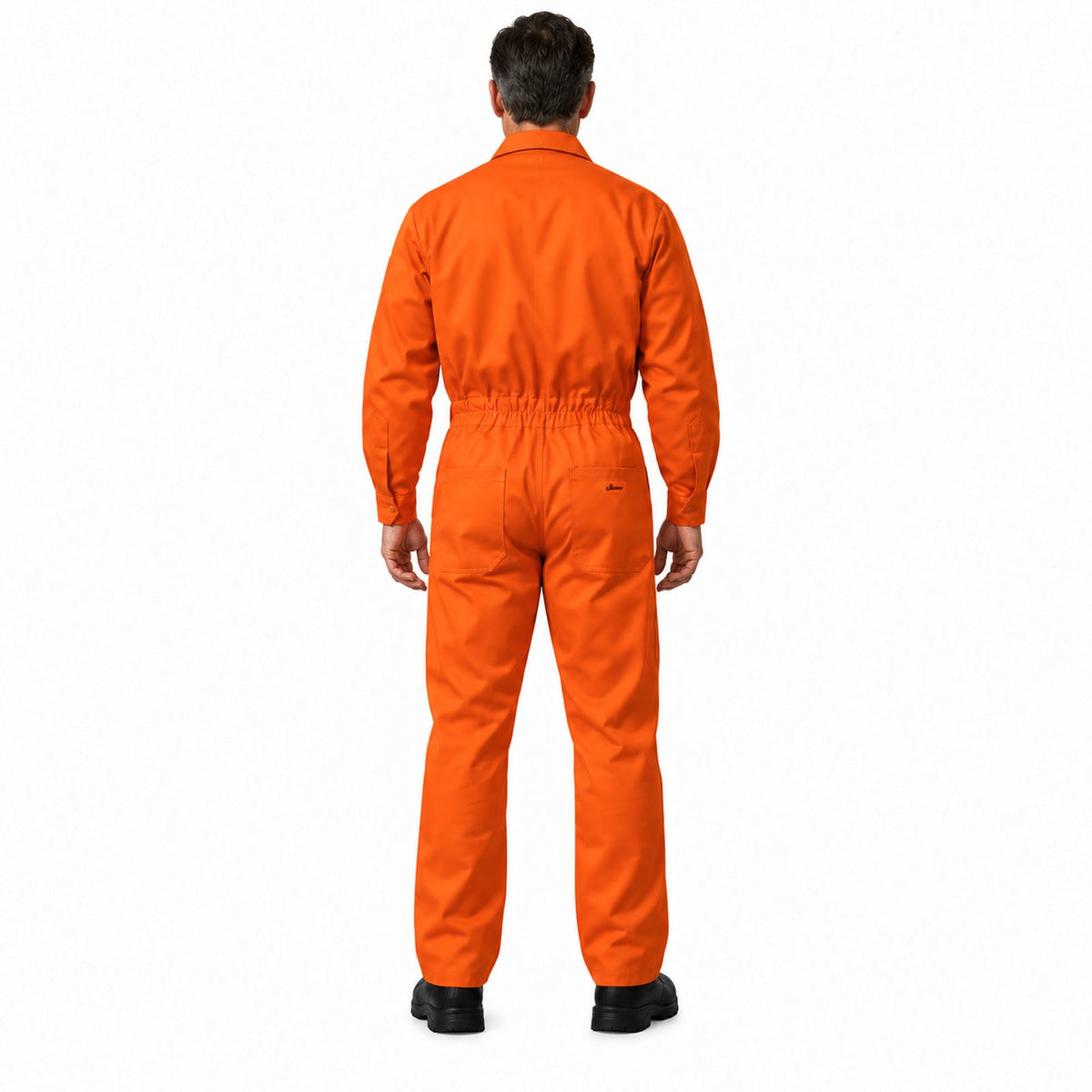 Overol industrial Beaver para hombre naranja tipo Pemex, espalda con modelo | color:naranja