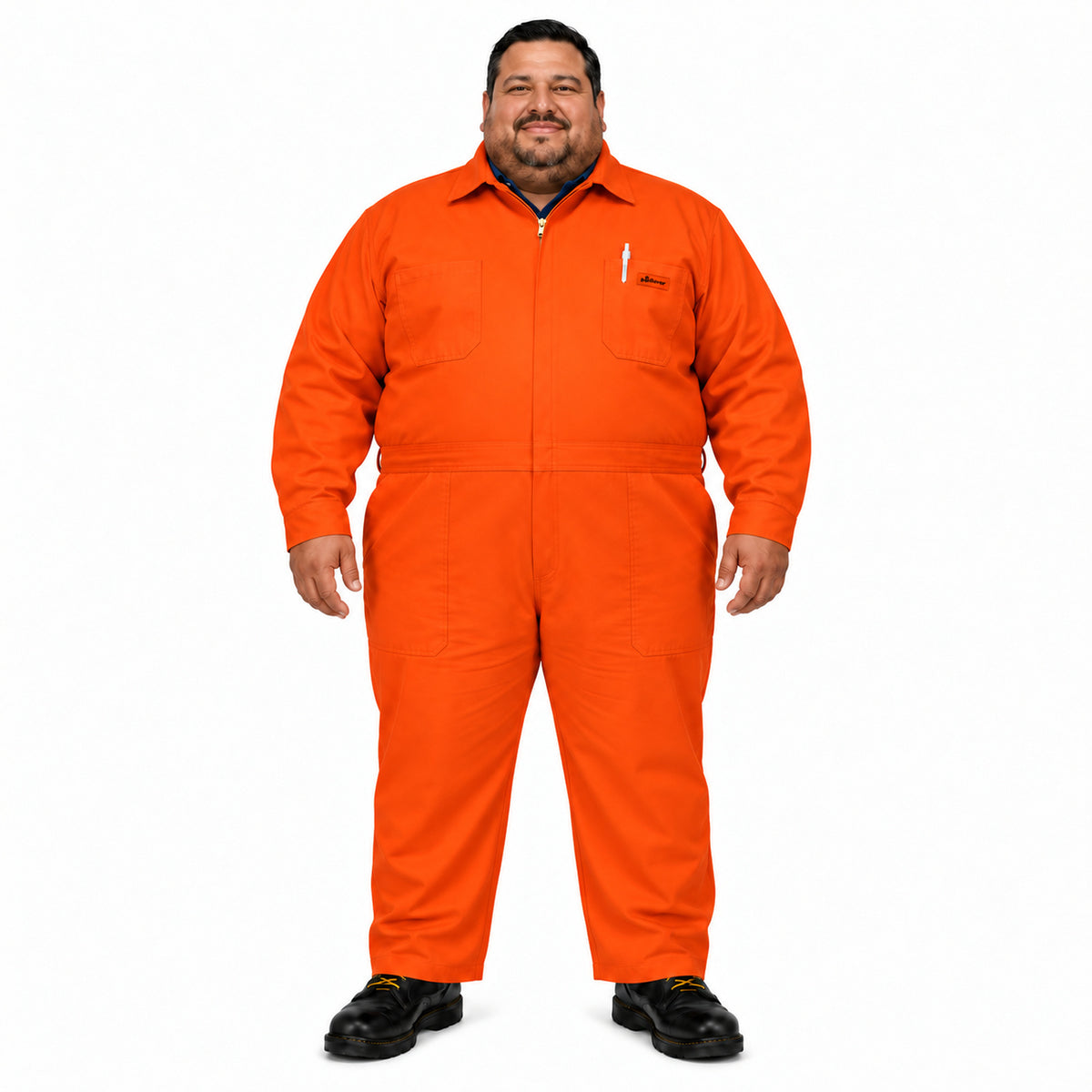 Overol industrial Beaver para hombre naranja Pemex talla extra, vista frontal con modelo | color:naranja