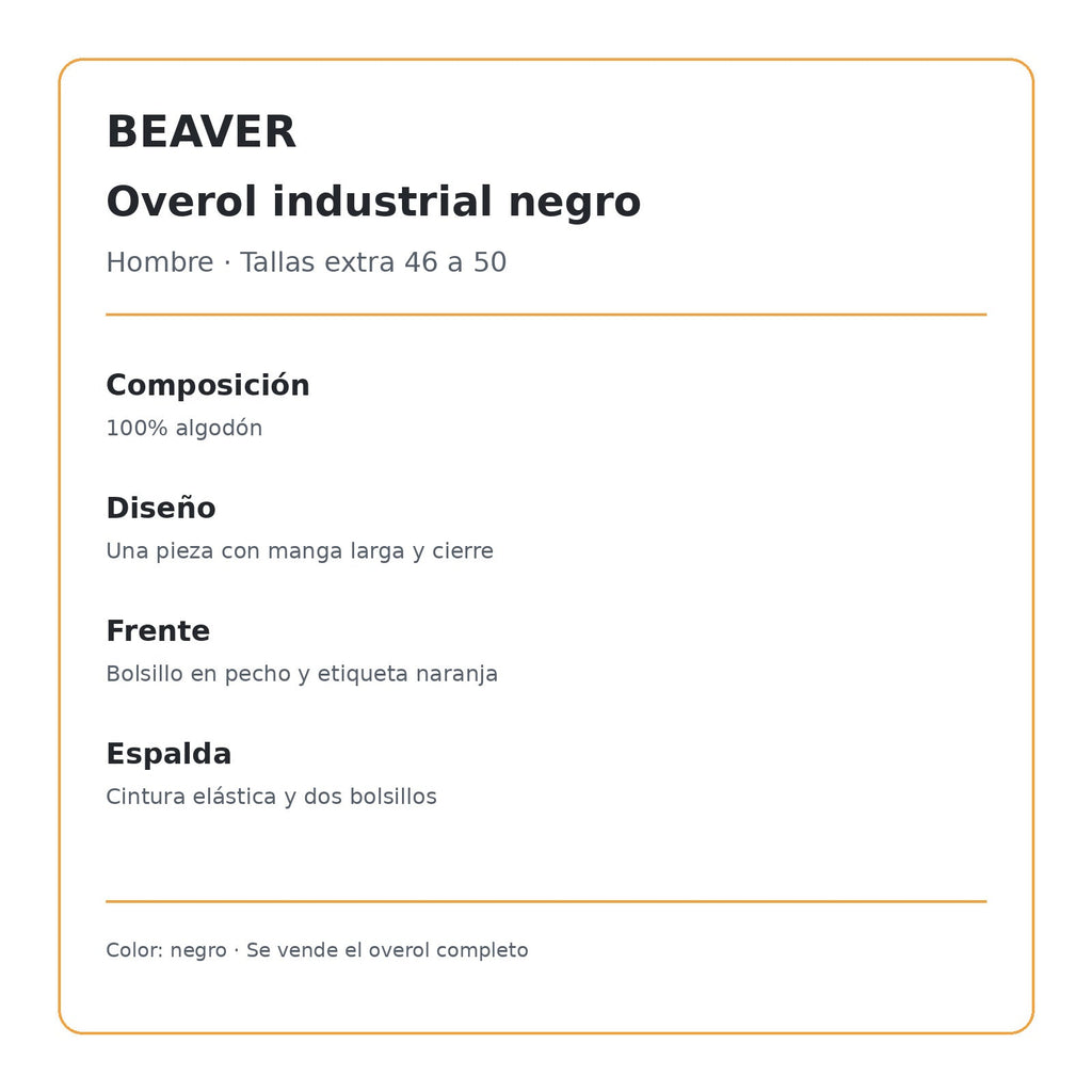 Overol industrial Beaver para hombre talla extra negro, ficha técnica de composición y diseño