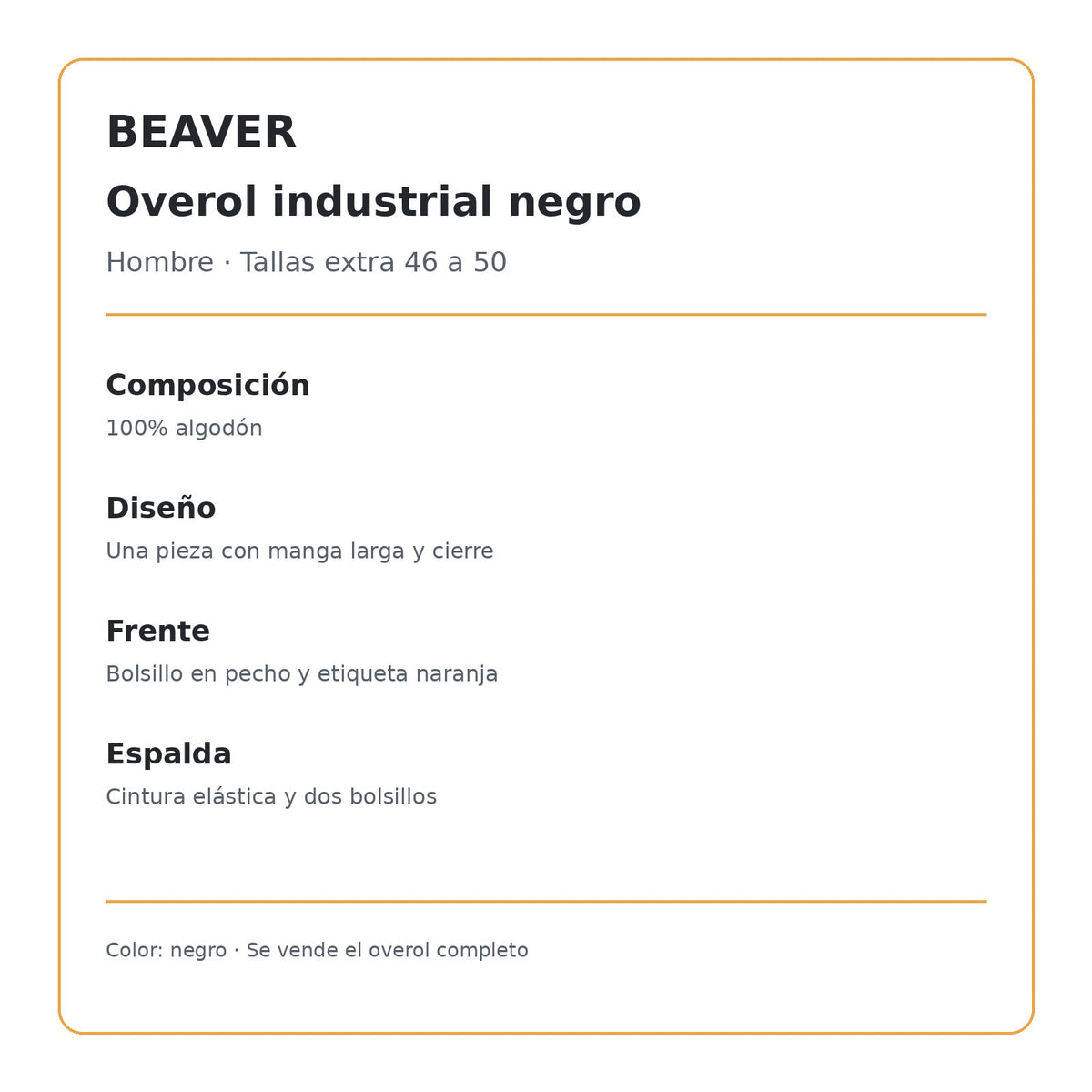 Overol industrial Beaver para hombre talla extra negro, ficha técnica de composición y diseño | color:negro