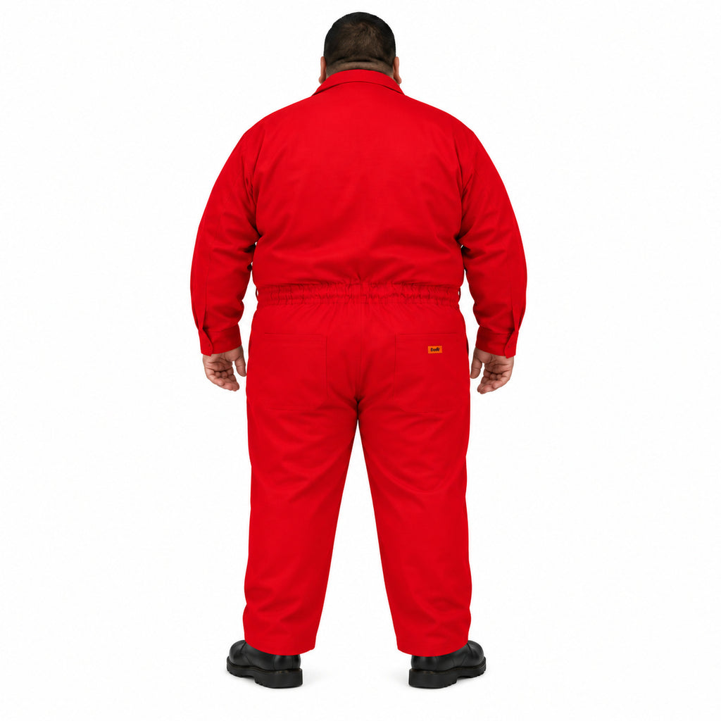 Overol industrial Beaver para hombre rojo talla extra, vista posterior con modelo y cintura elástica