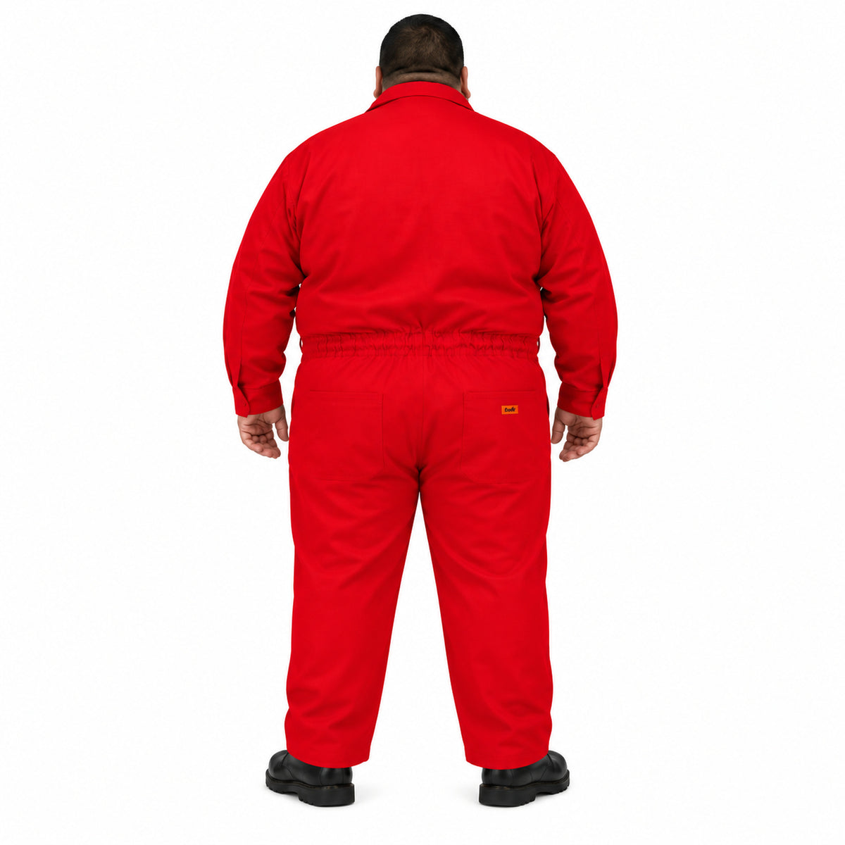 Overol industrial Beaver para hombre rojo talla extra, vista posterior con modelo y cintura elástica | color:rojo