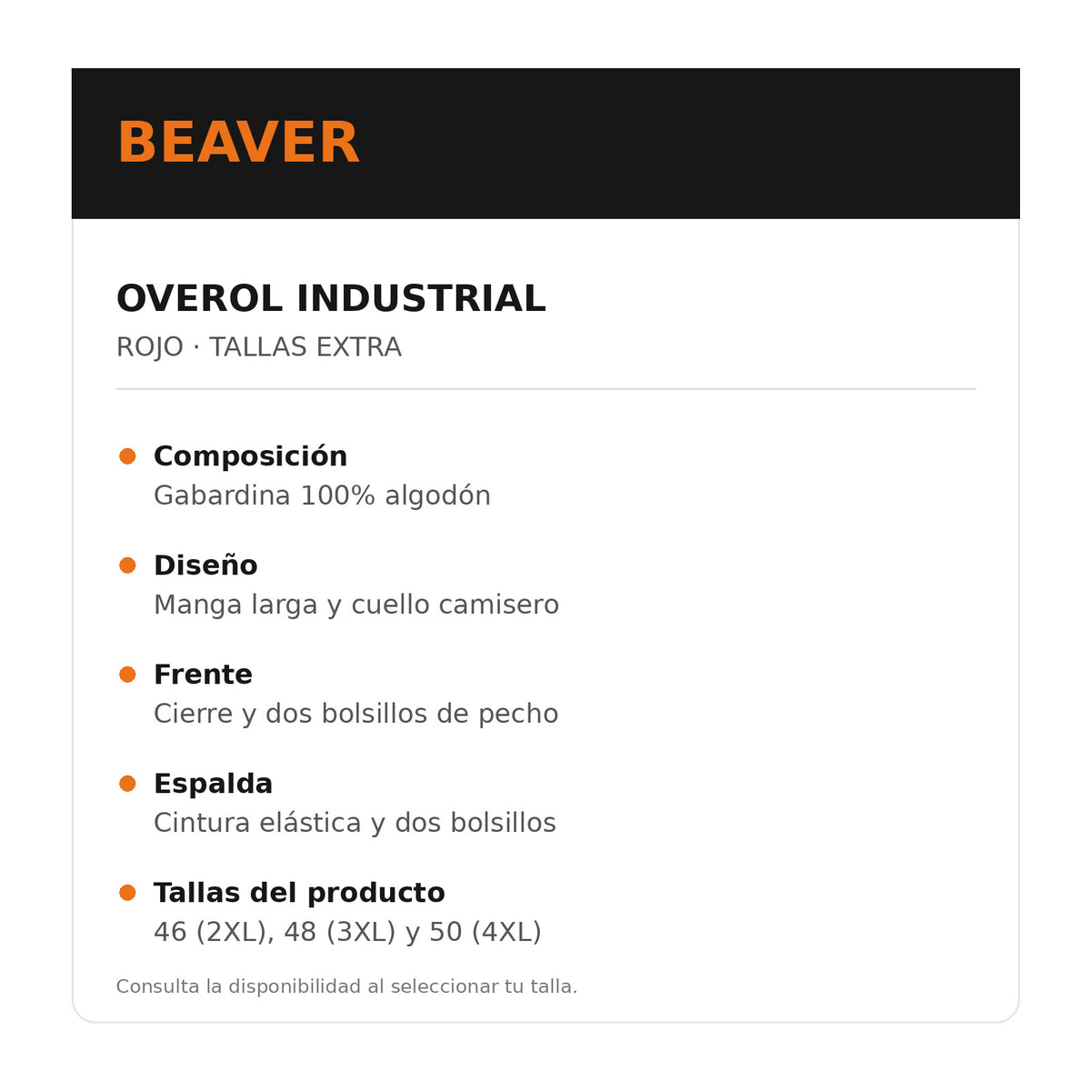 Overol industrial Beaver para hombre rojo talla extra, ficha de características | color:rojo