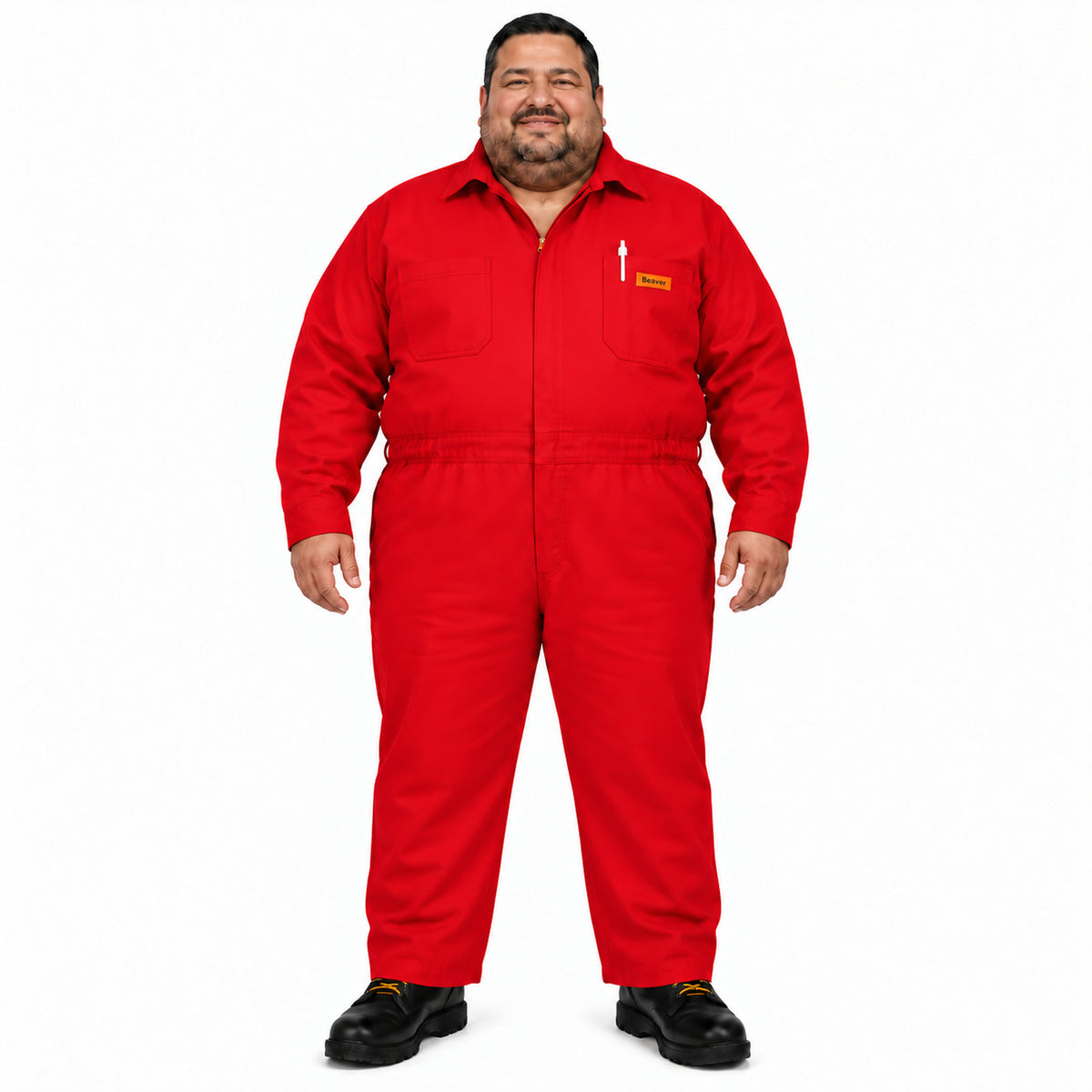 Overol industrial Beaver para hombre rojo talla extra, vista frontal con modelo y bolsillos de pecho | color:rojo