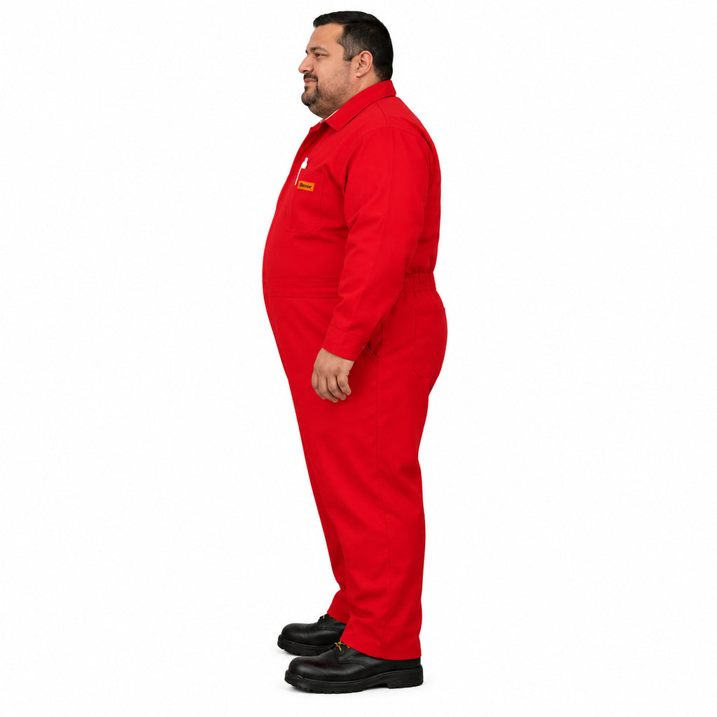 Overol industrial Beaver para hombre rojo talla extra, perfil izquierdo con modelo