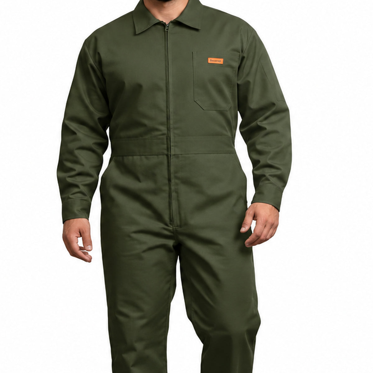 Overol Beaver industrial para hombre verde olivo, detalle de cierre, bolsillo y etiqueta naranja | color:verde-olivo