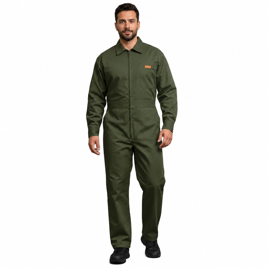 Overol Beaver industrial para hombre verde olivo, vista frontal con cierre y etiqueta naranja