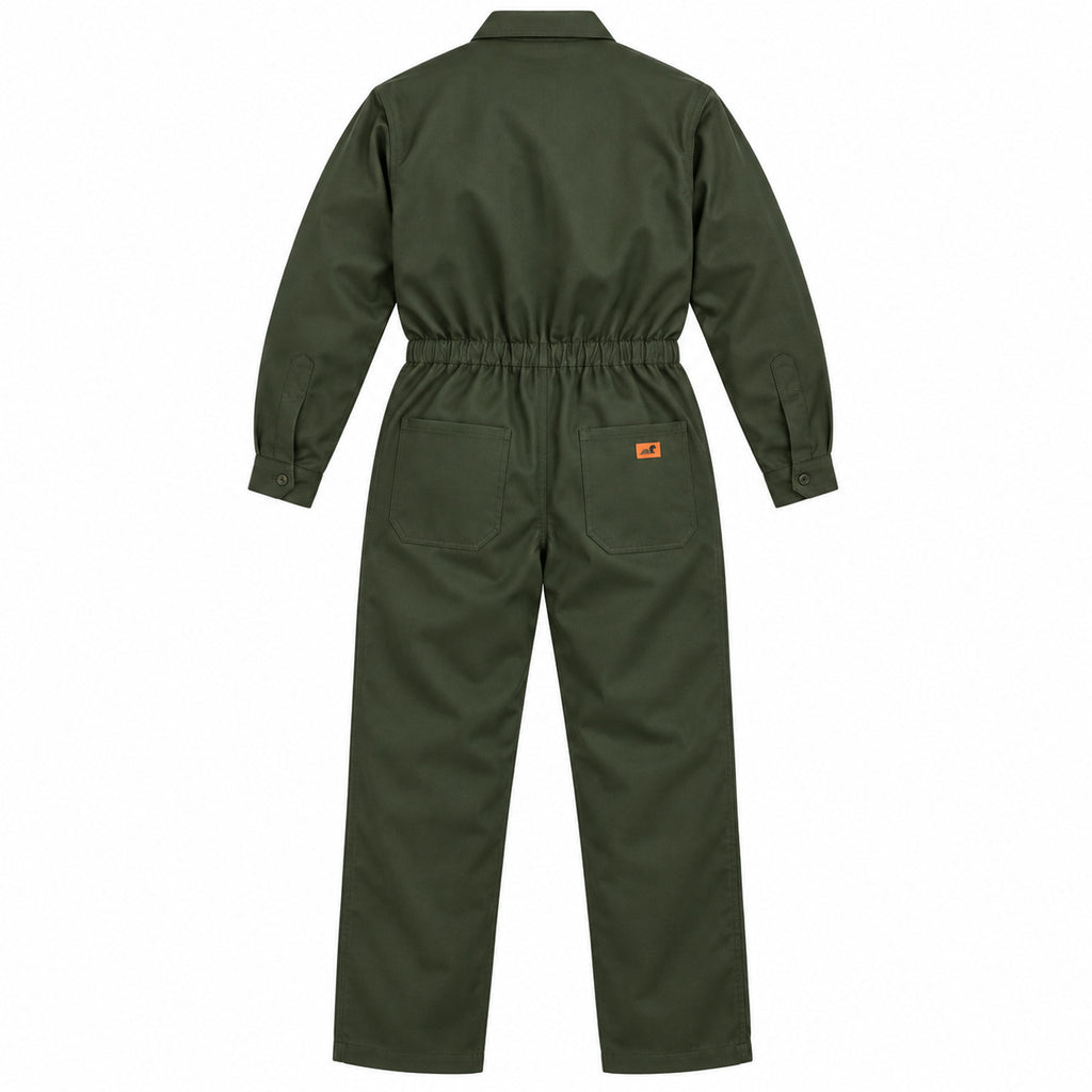Overol Beaver industrial para hombre verde olivo, prenda sola por detrás y cintura elástica