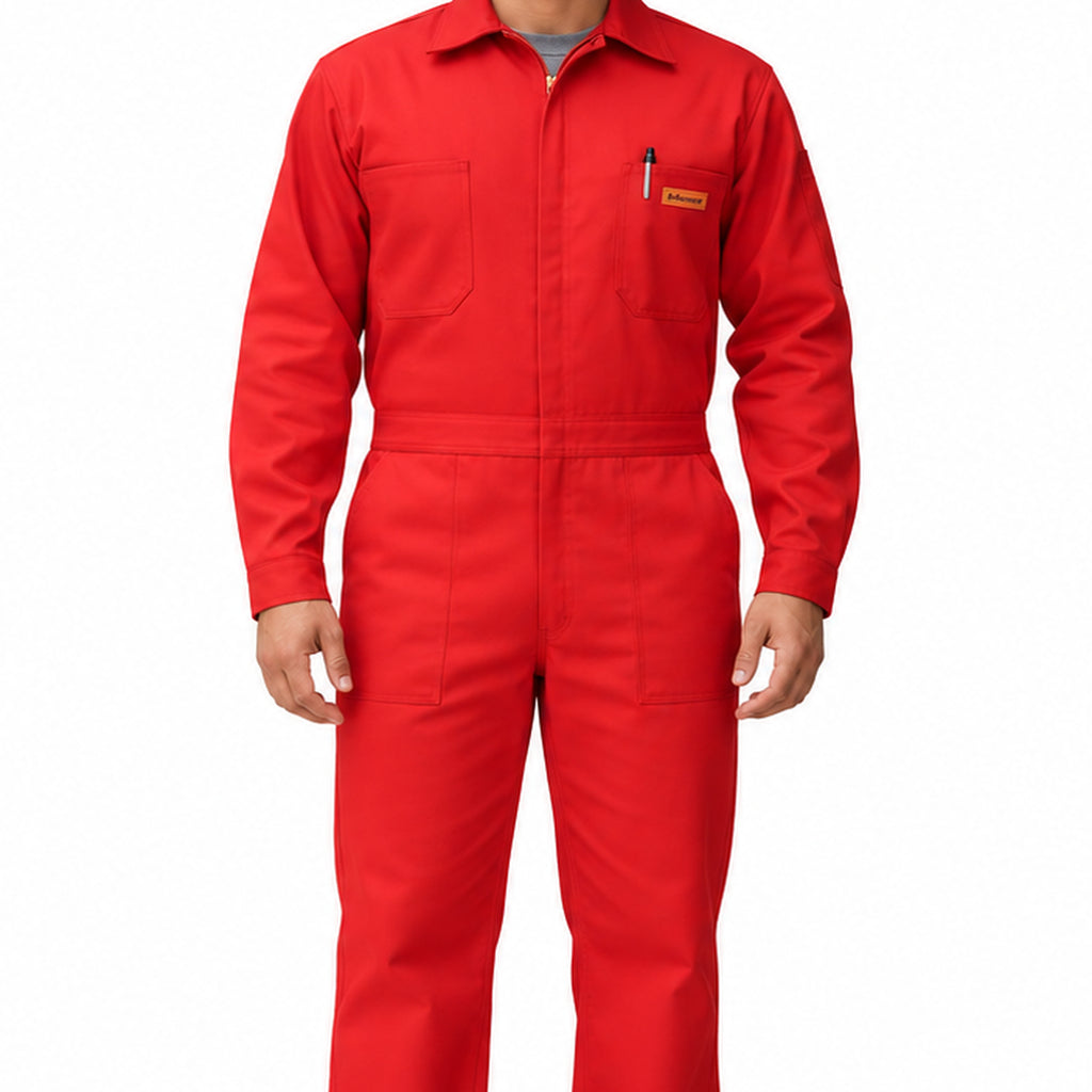 Overol Beaver tipo brigada para hombre rojo, detalle frontal de cierre, bolsillos y etiqueta