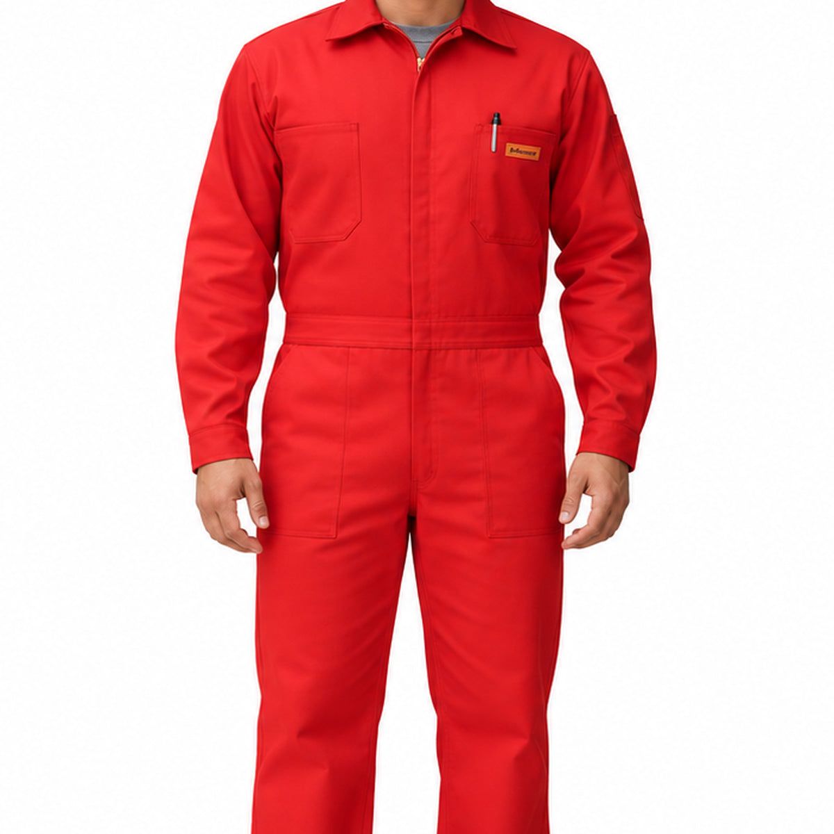 Overol Beaver tipo brigada para hombre rojo, detalle frontal de cierre, bolsillos y etiqueta | color:rojo
