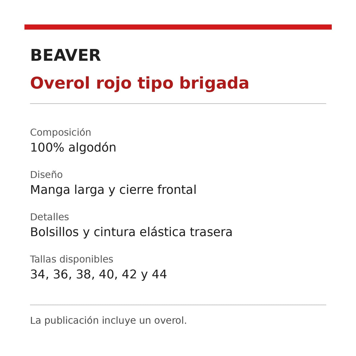 Overol Beaver tipo brigada para hombre rojo, ficha técnica de composición y tallas | color:rojo