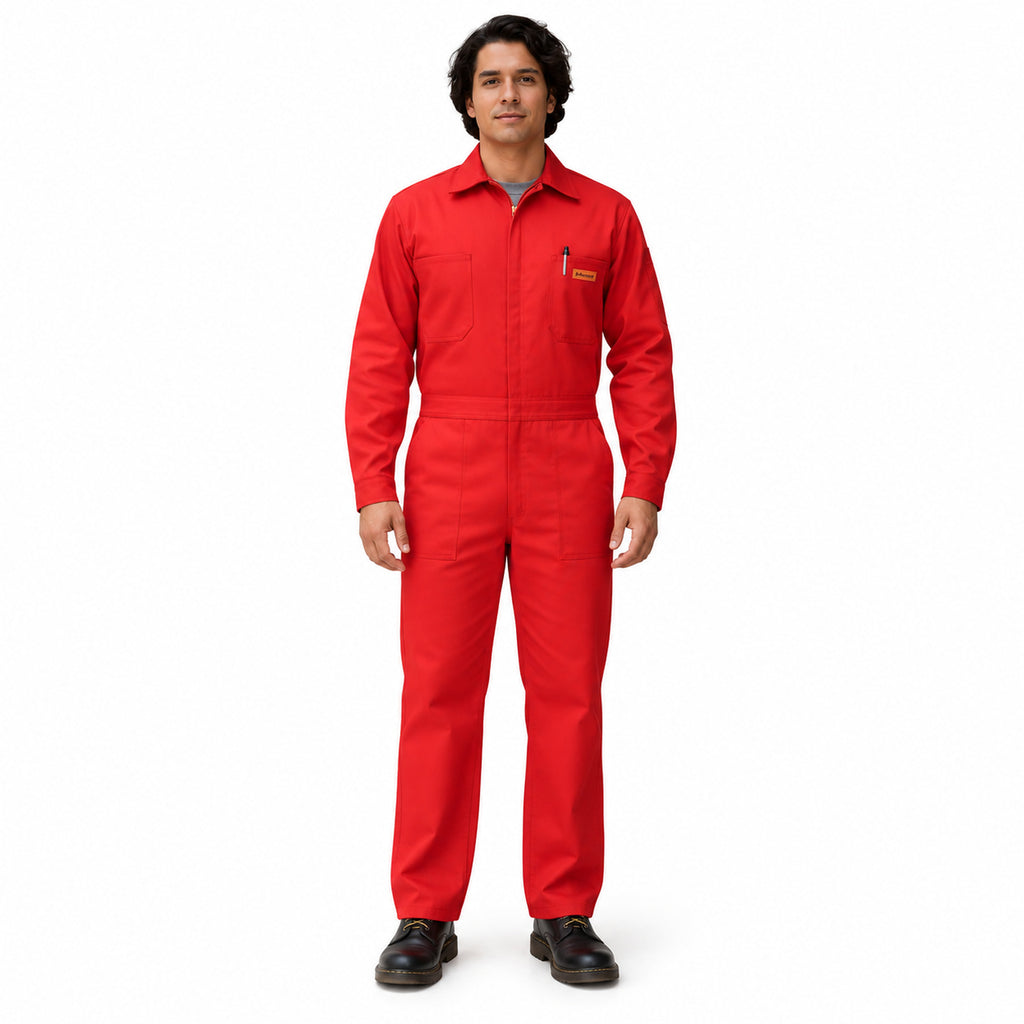 Overol Beaver tipo brigada para hombre rojo, vista frontal con cierre, bolsillos y etiqueta naranja