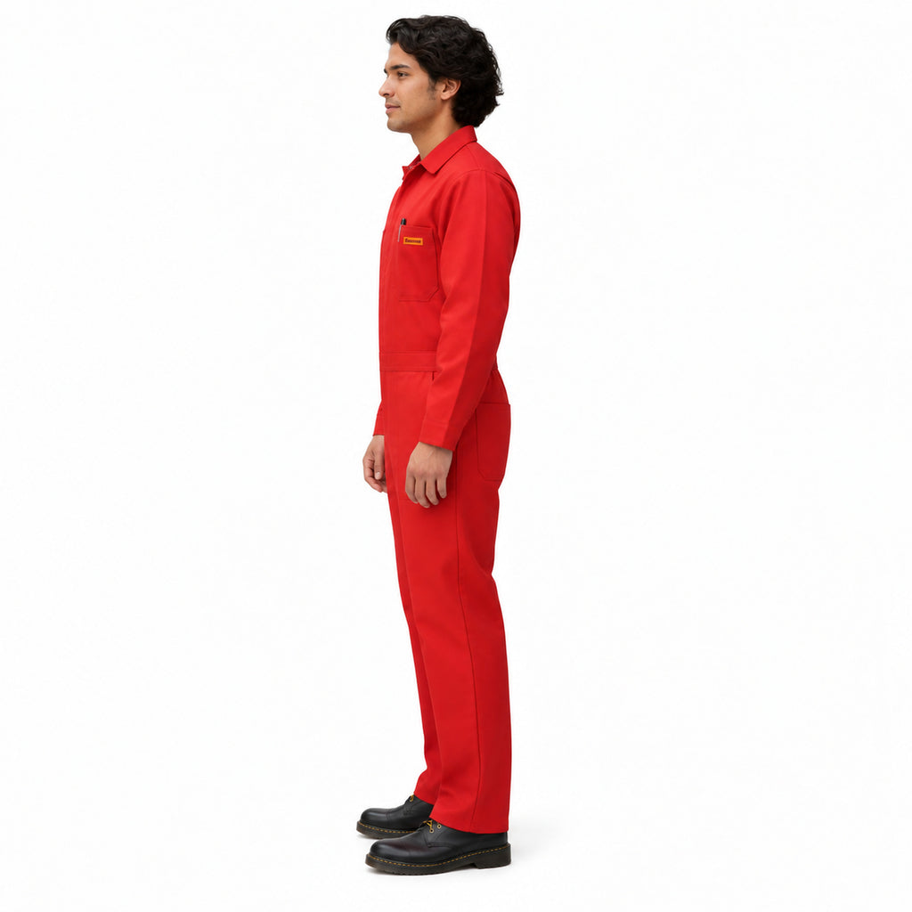 Overol Beaver tipo brigada para hombre rojo, perfil izquierdo de cuerpo completo
