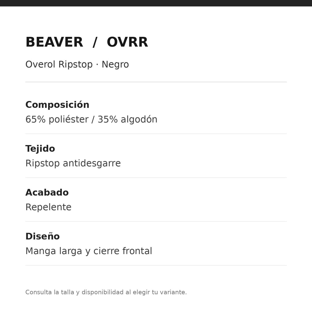 Overol Beaver OVRR Ripstop Negro, composición y características