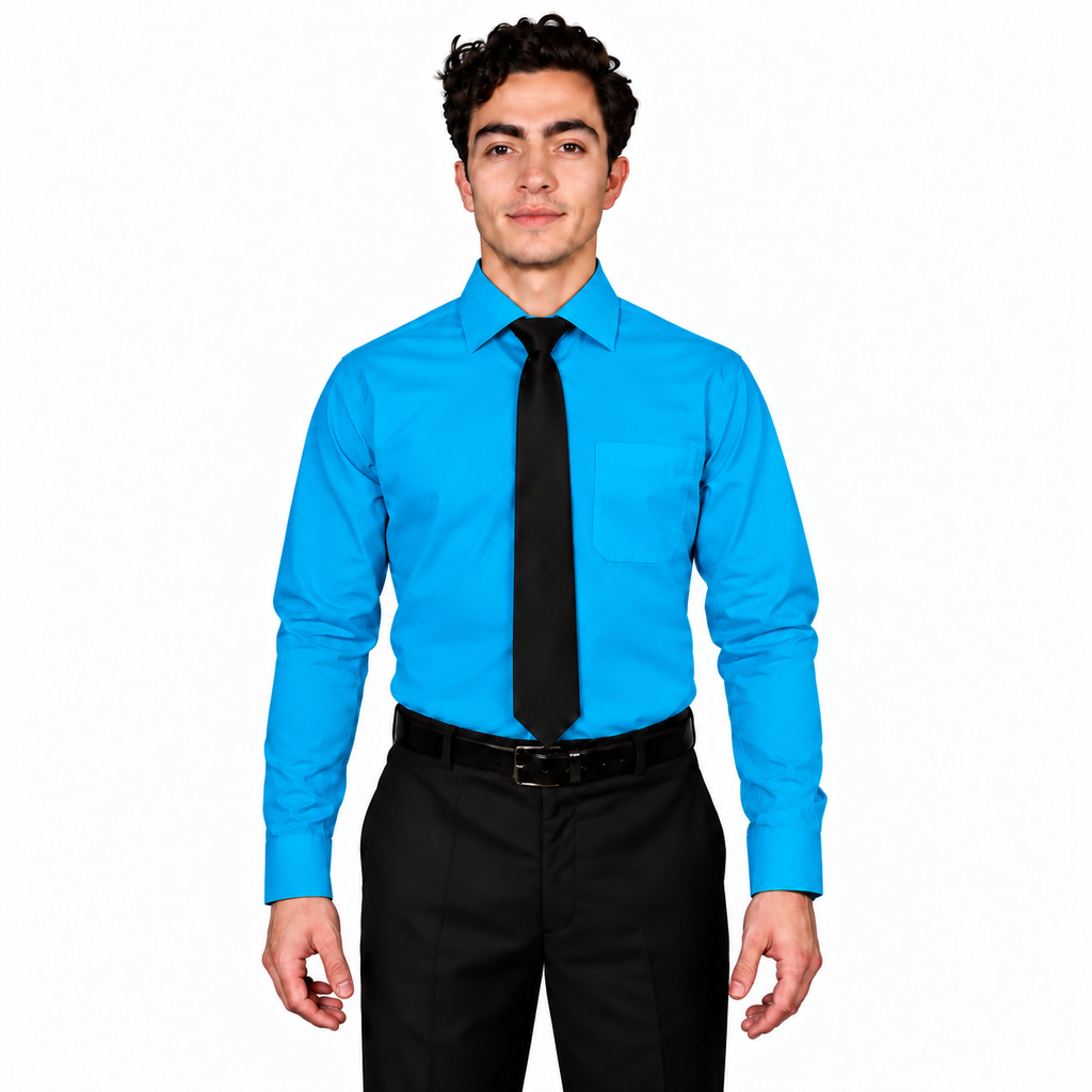 Camisa turquesa de vestir para adulto Rodolfo, vista corbata en modelo, tallas 34 a 42