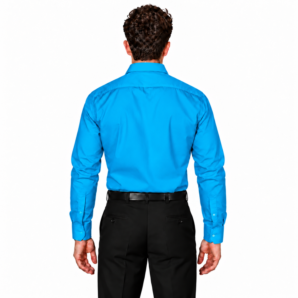 Camisa turquesa de vestir para adulto Rodolfo, vista espalda formal en modelo, tallas 34 a 42