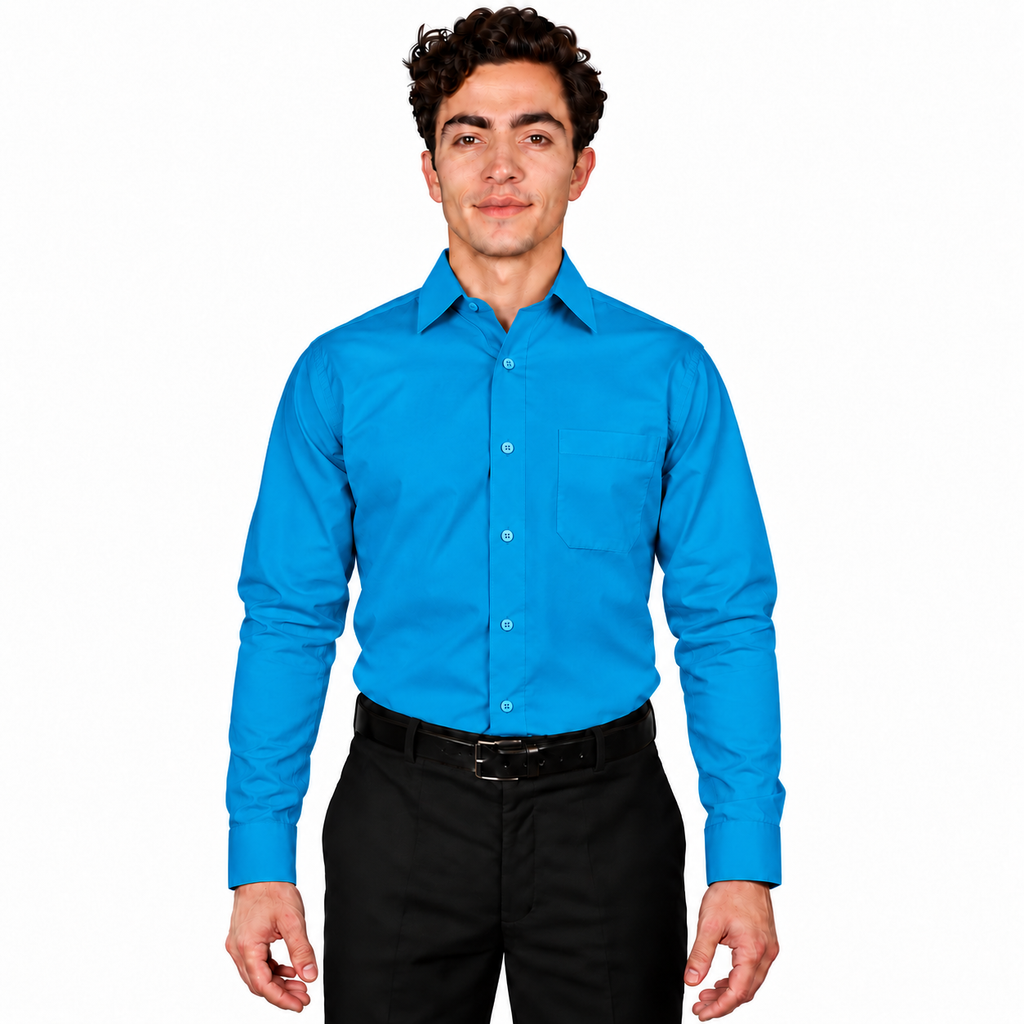 Camisa turquesa de vestir para adulto Rodolfo, vista frente en modelo, tallas 34 a 42