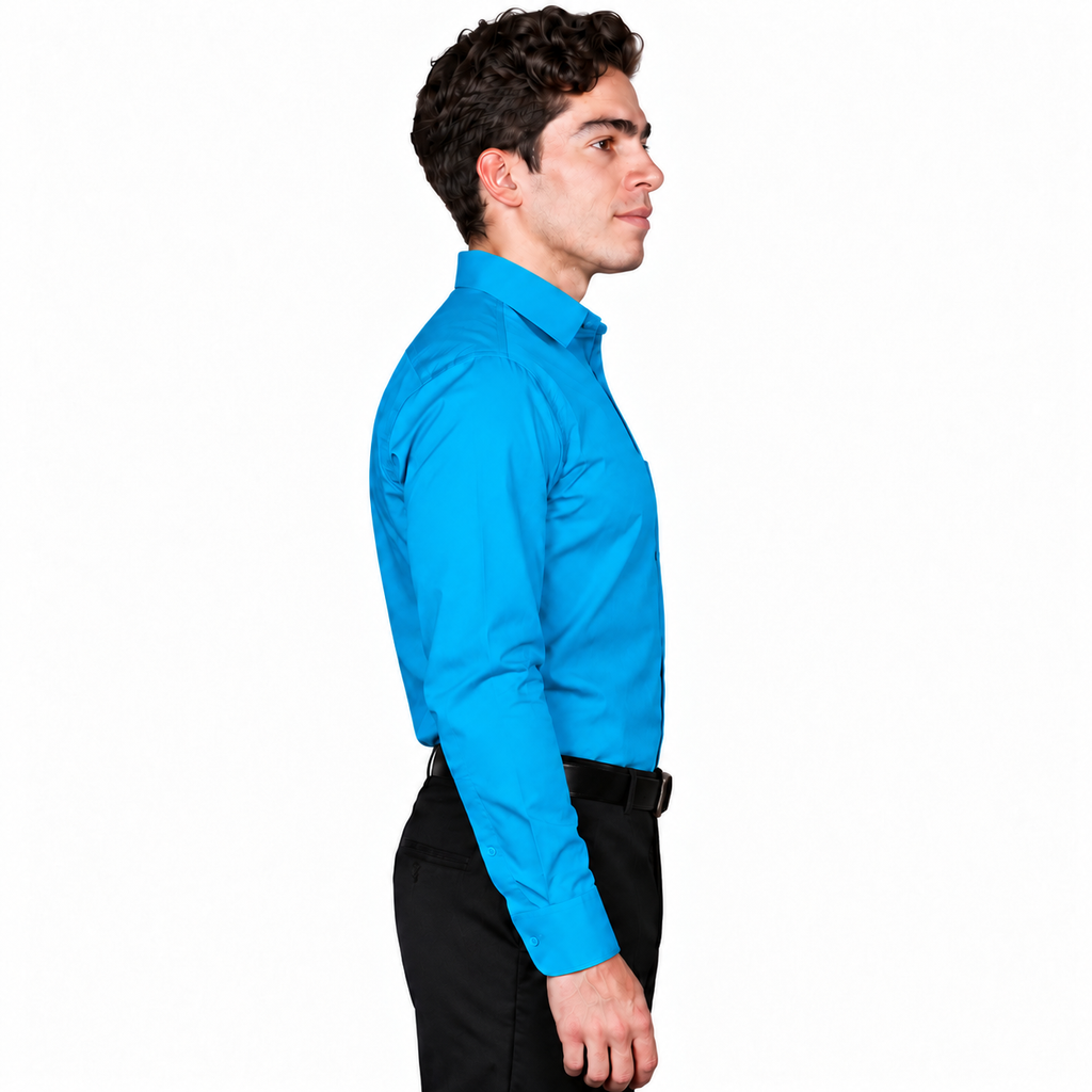 Camisa turquesa de vestir para adulto Rodolfo, vista perfil derecho en modelo, tallas 34 a 42