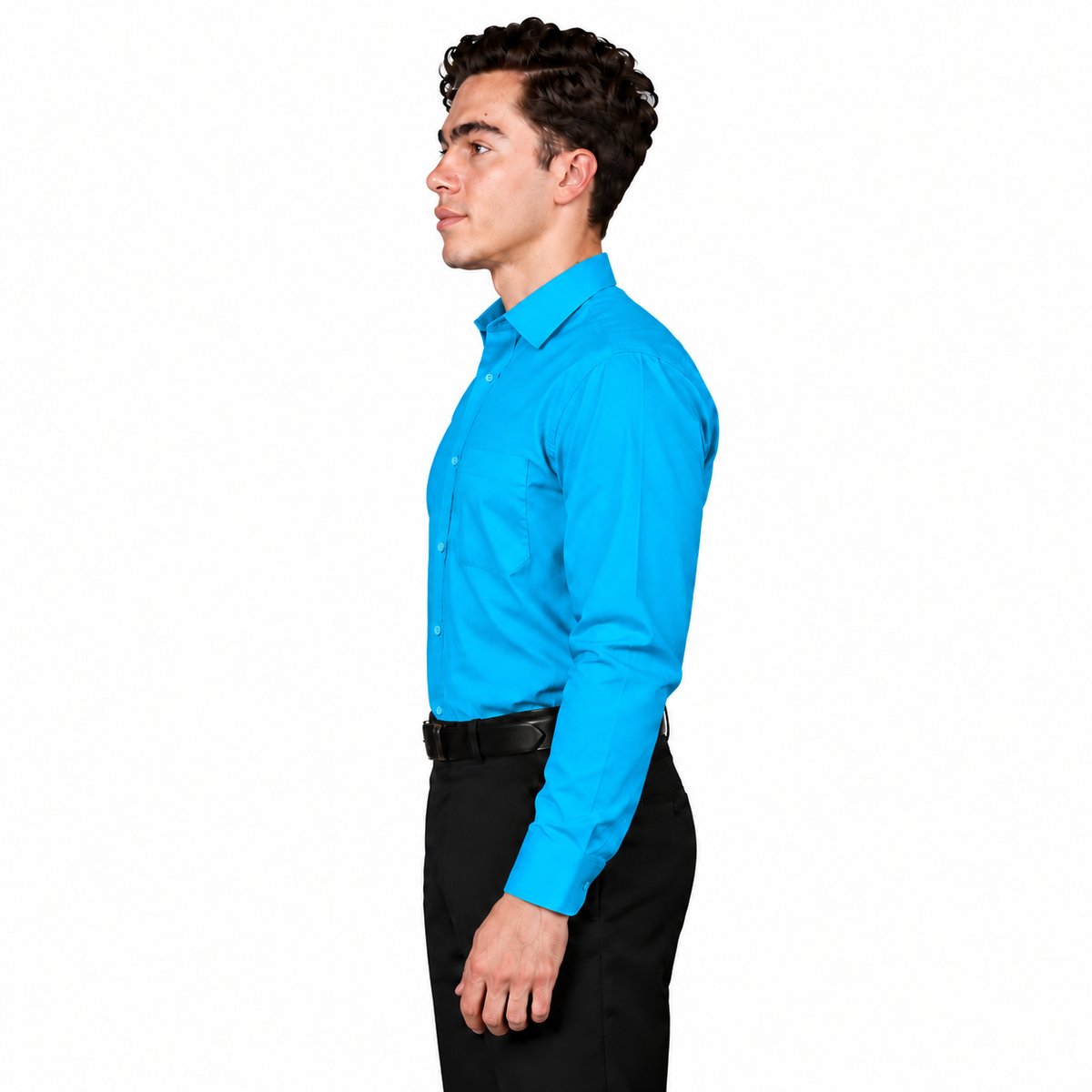 Camisa turquesa de vestir para adulto Rodolfo, vista perfil izquierdo en modelo, tallas 34 a 42 | color:turquesa-rodolfo
