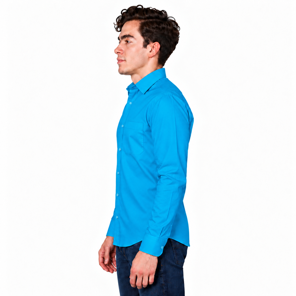 Camisa turquesa de vestir para adulto Rodolfo, vista tres cuartos derecho en modelo, tallas 34 a 42
