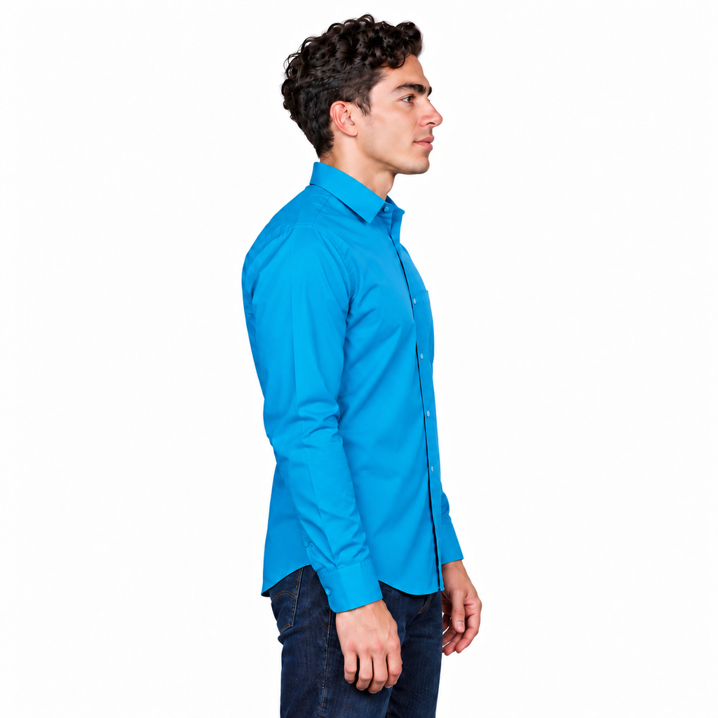 Camisa turquesa de vestir para adulto Rodolfo, vista tres cuartos izquierdo en modelo, tallas 34 a 42