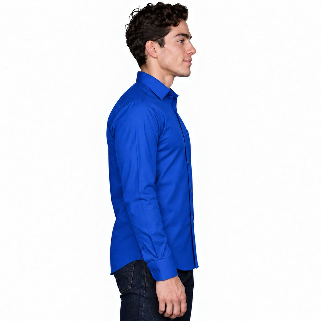 Camisa de vestir para adulto Zanely azul rey, perfil derecho desfajada