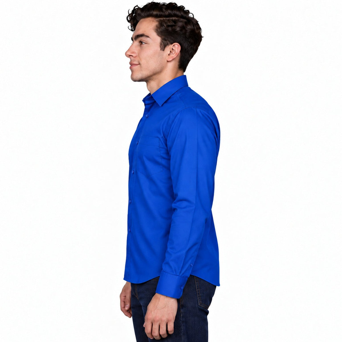 Camisa de vestir para adulto Zanely azul rey, perfil izquierdo desfajada | color:azul-rey-zanely