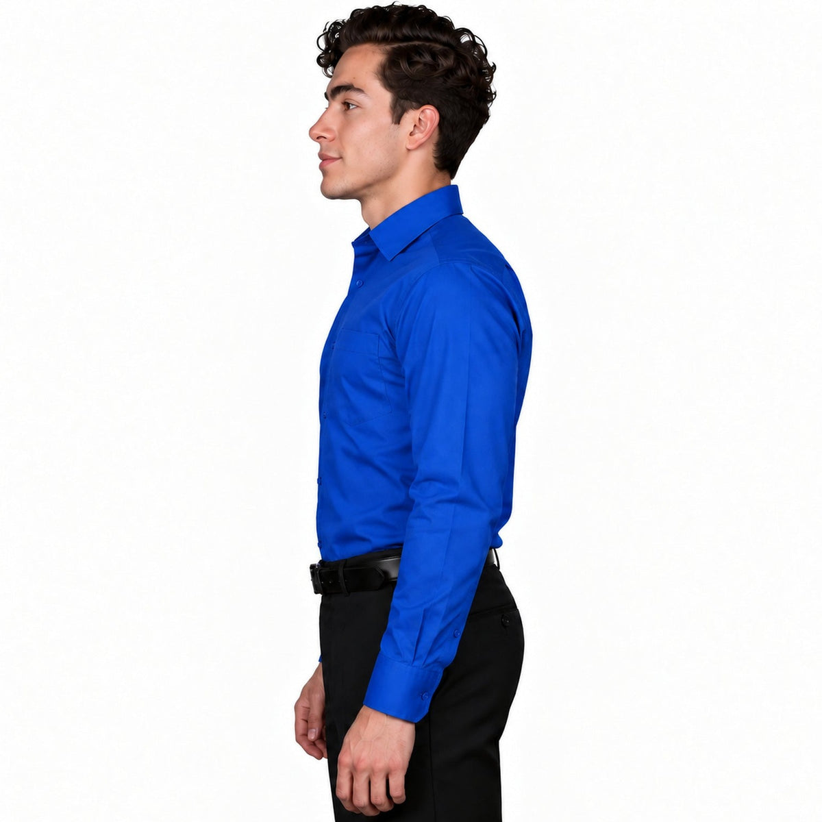 Camisa de vestir para adulto Zanely azul rey, perfil izquierdo fajada | color:azul-rey-zanely