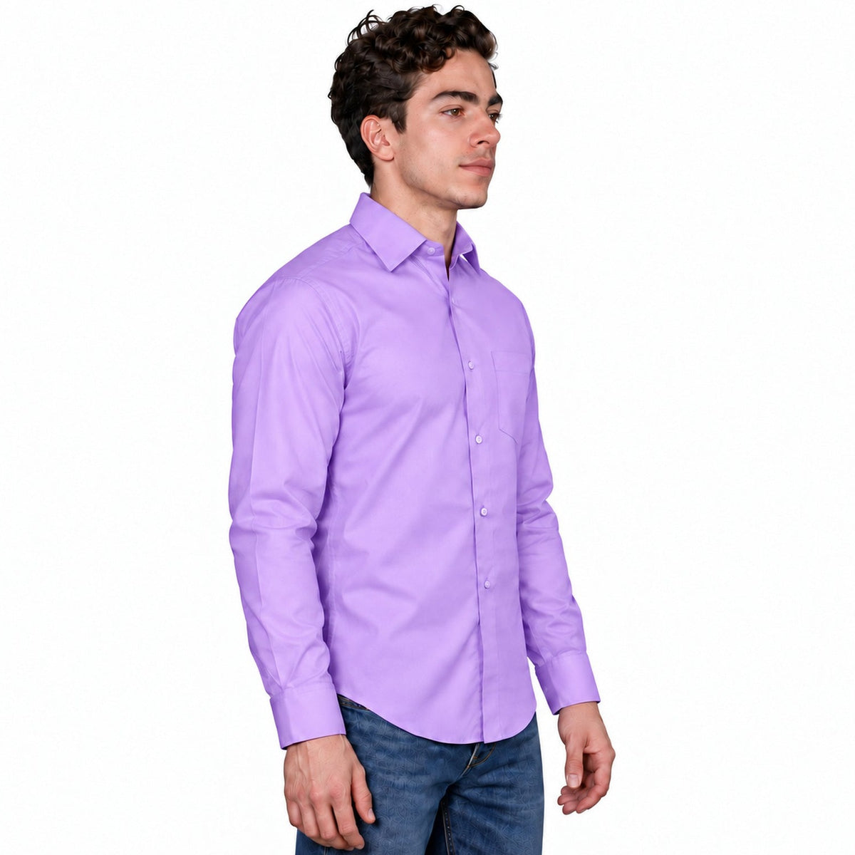 Camisa de vestir para adulto Zanely lila, perfil izquierdo desfajada | color:lila-zanely