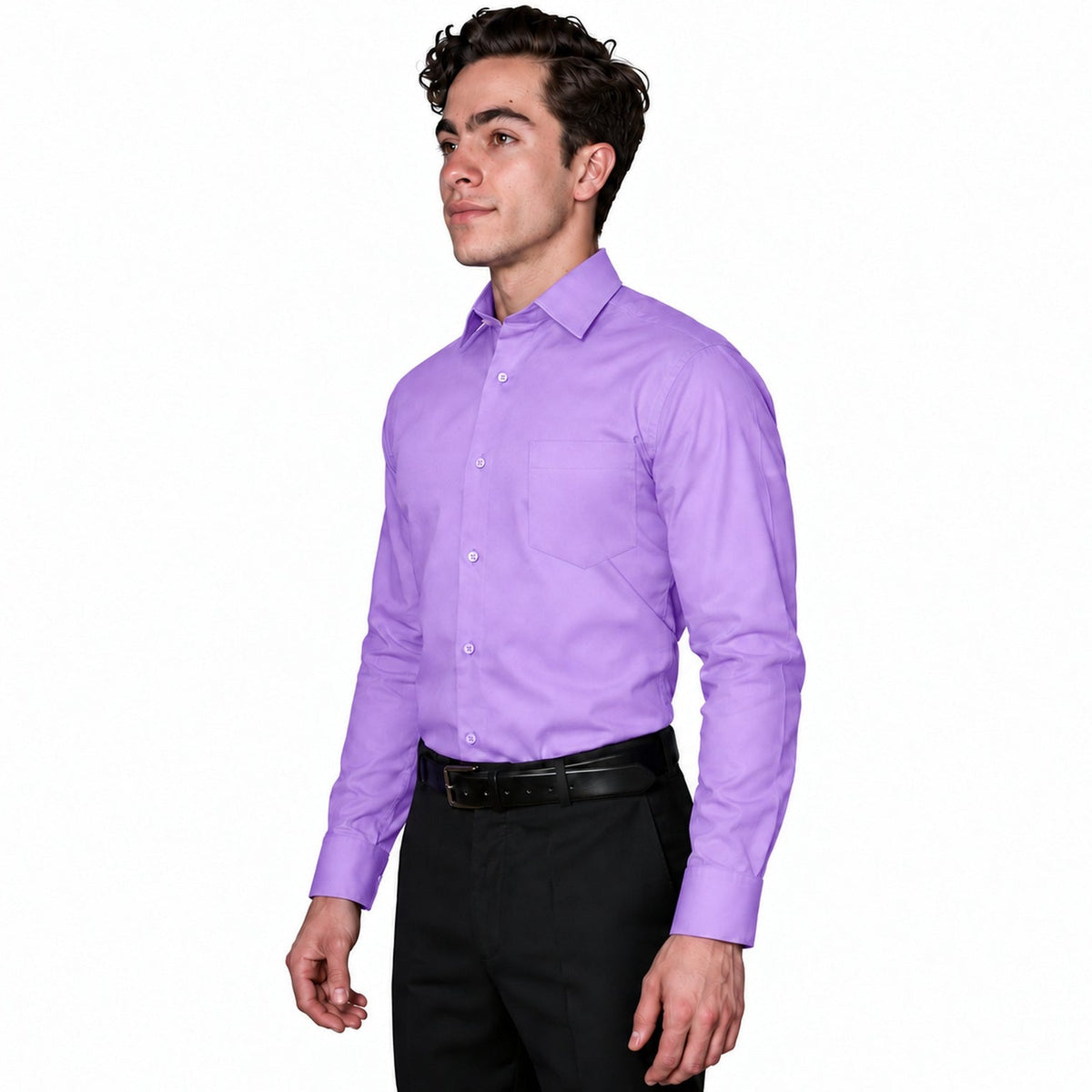 Camisa de vestir para adulto Zanely lila, perfil izquierdo fajada | color:lila-zanely